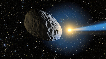 Wall Mural - a large asteroid or comet passes a star, its surface textured and pockmarked. a bright tail trails b