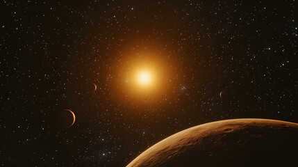 Wall Mural - a vibrant orange sun dominates the center, illuminating three planets and a myriad of stars in a dar