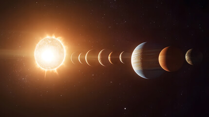 Wall Mural - a radiant star illuminates a planetary system, showcasing planets of varying sizes and colors orbiti