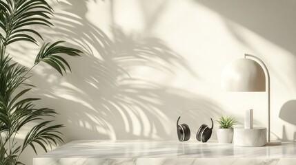 Wall Mural - A serene workspace featuring a lamp, headphones, and a plant casting shadows.