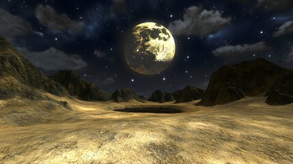 Wall Mural - a desolate alien landscape under a large, luminous moon. rugged mountains and a crater dominate the 