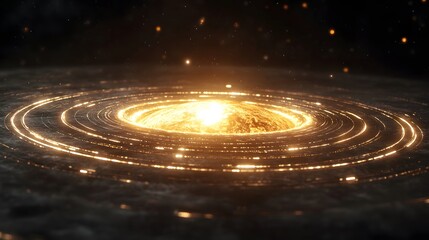 Poster - A glowing golden orb at the center of concentric rings, resembling a celestial event or futuristic energy source.  Dark background with subtle sparks.