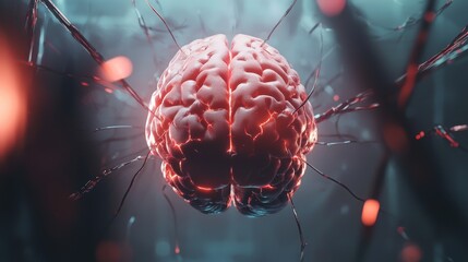 Poster - surreal cybernetic brain floating in a neon lit void surrounded by mysterious energy tendrils