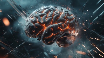 Poster - surreal cybernetic brain floating in a neon-lit void with futuristic elements and dynamic energy eff