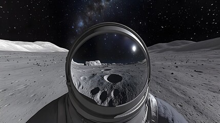 Wall Mural - an astronaut's helmet reflects a desolate lunar landscape under a starry night sky. the vastness of 