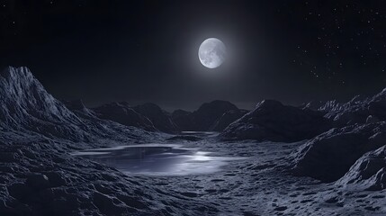 Wall Mural - a serene moonlit landscape with a still lake reflecting the moon's glow amidst rugged, dark mountain