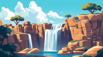 Wall Mural - Rocky outcropping with waterfalls in background, outcropping, stone, nature. Gravity-Reversed Waterfalls. Illustration