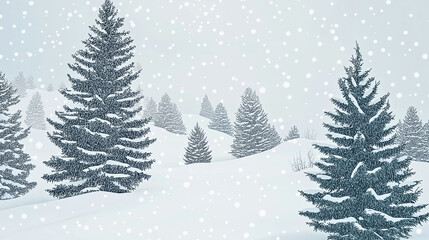 Scene Of Winter Snowscape, With Mountains And Trees Covered In Thick Layers Of Snow, Blue Sky With A Few White Clouds Scattered Around, Snowflakes Are Falling On The Surface