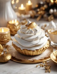 Wall Mural - Festive white and gold meringue dessert on a holiday table setting, festive, holiday