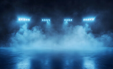 ethereal blue spotlight illumination over sleek, reflective surface, veiled in atmospheric mist, cre