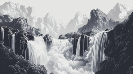 Wall Mural - Ai generated illustration mountains and waterfalls. Gravity-Reversed Waterfalls. Illustration