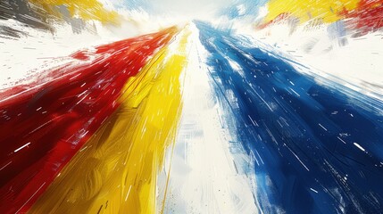 Poster - Vibrant lines in blue red and yellow streak across a bright white backdrop creating an energetic and modern minimalist design. Ideal for presentations or creative projects.