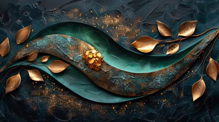Poster - Vibrant textures of green and gold leather intermingle to form an enchanting abstract design. The elegant layers reflect a rich depth and artistic craftsmanship inviting admiration.