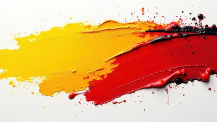 Poster - Bright yellow red and black paint strokes blend and swirl across a white surface. The vibrant colors showcase an artistic expression highlighting texture and creativity.