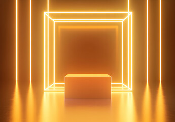 Aufkleber - Illuminated cube stage with neon lights, modern product display platform featuring glowing lines and a minimalist geometric design for presentations