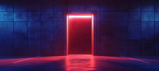 Poster - Illuminated doorway casting a vibrant red glow against a textured blue concrete wall, creating a contrast between the vibrant light and the cool surface