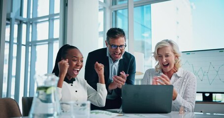 Poster - Business people, happy and applause at laptop for success, profit return and corporate win in office. Company team, tech and excited in agency with high five, investment achievement or data on screen