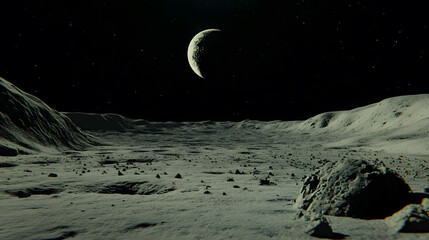 Wall Mural - a crescent moon hangs in the inky black sky above a desolate, rocky lunar landscape. grey dust and b