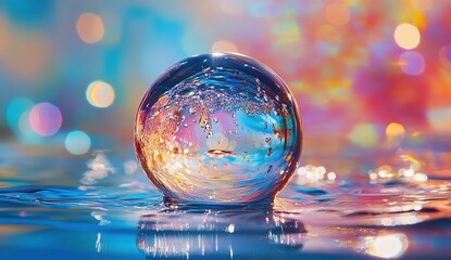 Poster - Water Orb Reflects Colorful Lights, Abstract Art Photography, Vibrant Hues, Shimmering Surface, Captivating Image, Bokeh Background
