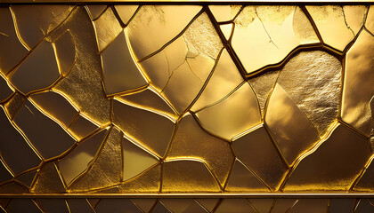 Poster - Golden, cracked surface with intricate patterns and reflections, resembling shattered glass or a mosaic, creating a visually striking and artistic effect. Generative AI