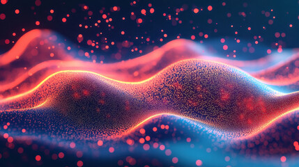 Red and blue gradient background, digital particles glowing in the dark
