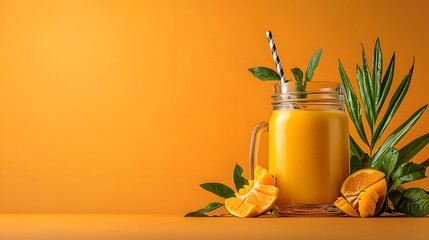 Glass of orange juice with straw next to fresh oranges and a refreshing orange mango smoothie