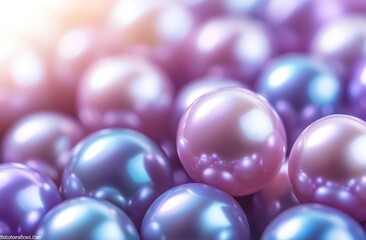 Poster - Shiny Iridescent Pearls, Glistening Spheres, Close-Up View, Purple and Blue Hues, Smooth Surface Texture, Beautiful  Natural Light, Luxury Elegance.