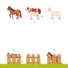 Wall Mural - Matching children educational game. Who was hiding behind the fence? Activity for pre sсhool years kids and toddlers.