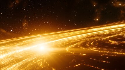 Poster - Stunning cosmic view of a golden galaxy with swirling nebulae and bright stars.  A radiant light source emanates from the center, creating a breathtaking celestial scene.