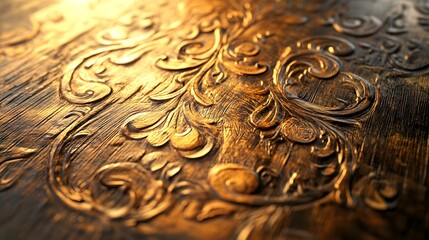 Poster - Close up of intricate woodwork on a wooden table with gold paint detailing and fine craftsmanship