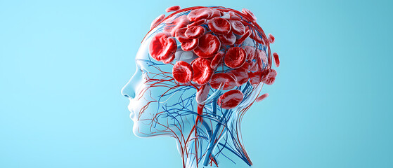 Poster - Exploring the human brain's circulatory system medical illustration blue background scientific visualization side view health insights