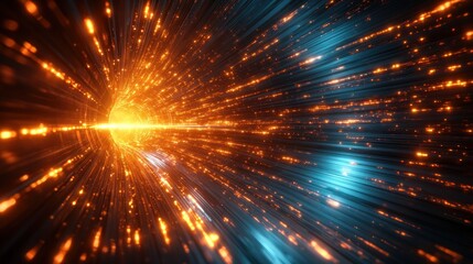 Wall Mural - Abstract tunnel of light streaks, orange and teal.