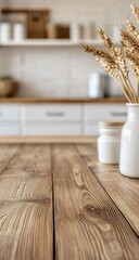 Wall Mural - Empty rustic wooden kitchen table with wheat display