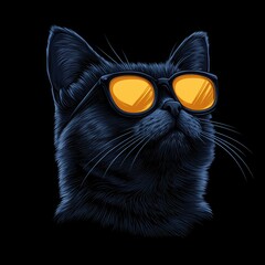  Cool black cat wearing orange sunglasses against a black background.