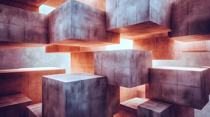 Poster - Modular voxel construction featuring interconnected cubes in a modern room setting with minimalistic design