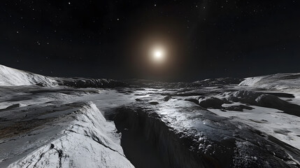 Wall Mural - a breathtaking view of an alien landscape under a bright star. rocky terrain stretches to the horizo