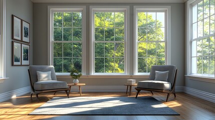 Poster - bright minimalist room featuring a chair and large window with simple spatial arrangements
