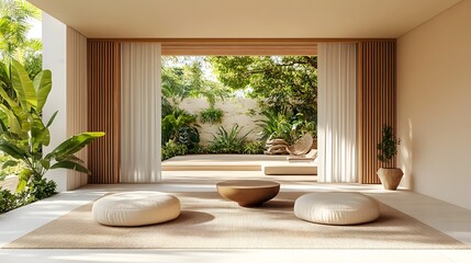 Poster - bright minimalist room with large window and rug featuring simple spatial arrangements and natural l