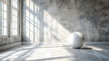 Poster - white ball on a wooden floor in a minimalist setting with simple design elements