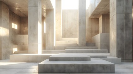 Poster - Concrete structure with steps and minimalist vertical shapes in varying heights for modern architecture design