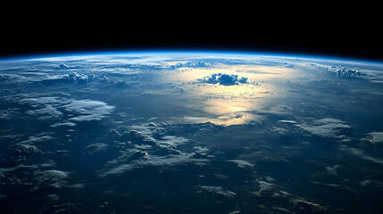 Wall Mural - stunning view of earth from space. clouds cover most of the planet, with a golden sunrise reflecting
