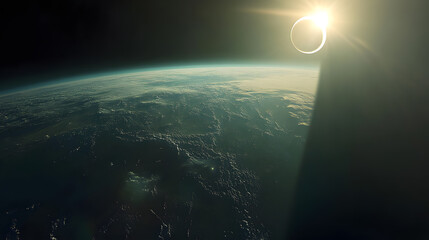 Wall Mural - stunning view of a total solar eclipse from space. the earth's curvature is visible, with clouds and