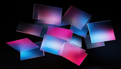 Poster - Abstract Colorful Squares Float and Shimmer in Dark Space: A Dynamic Visual Composition of Geometric Shapes with Gradient Colors