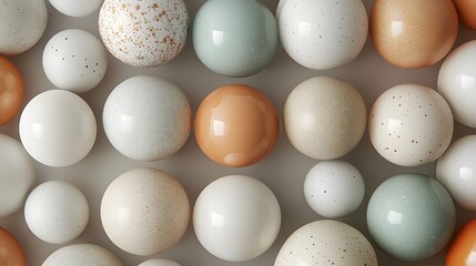 Poster - bunched spheres in muted colors alongside a collection of eggs on a minimalist surface