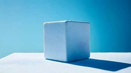 Poster - minimalist white ice cube on a pristine table surface in a simple and clean setting