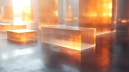 Poster - group of glass blocks and layered transparent shapes in a minimalist 3d design arrangement