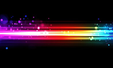 Poster - Vibrant Rainbow Light Streaks Shine Brightly Across Dark Background with Sparkling Glowing Particles, Abstract Colorful Design for Dynamic Visuals