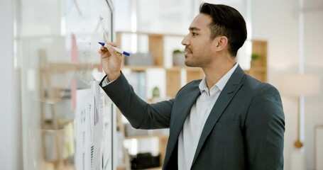 Aufkleber - Smile, planning and writing on glass with a businessman in his office for problem solving or brainstorming. Strategy, vision and a happy young corporate employee reading information in the workplace