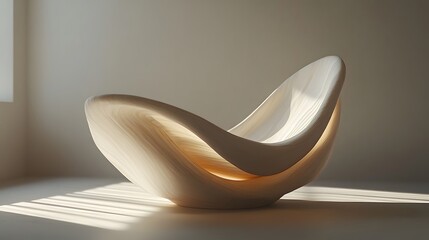 Poster - minimalist white chair with light shining through curved shape against a blank background in 3d desi