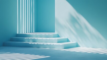Poster - blue room with white staircase and minimalist floating rectangles in modern 3d design